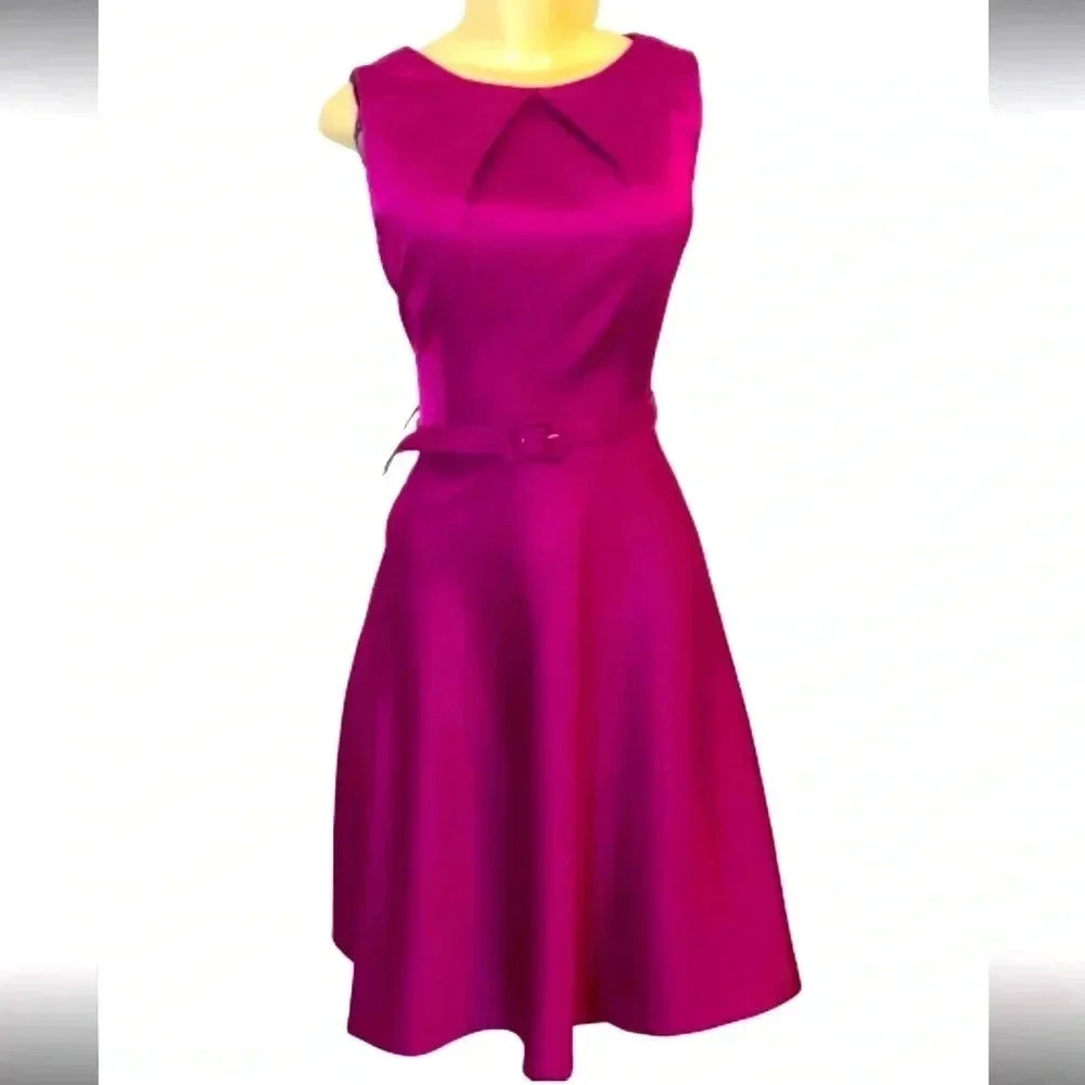 ALYX DRESS MAGENTA PINK SLEEVELESS CIRCLE MIDI BELTED FIT & FLAIR STRETCH SIZE 8